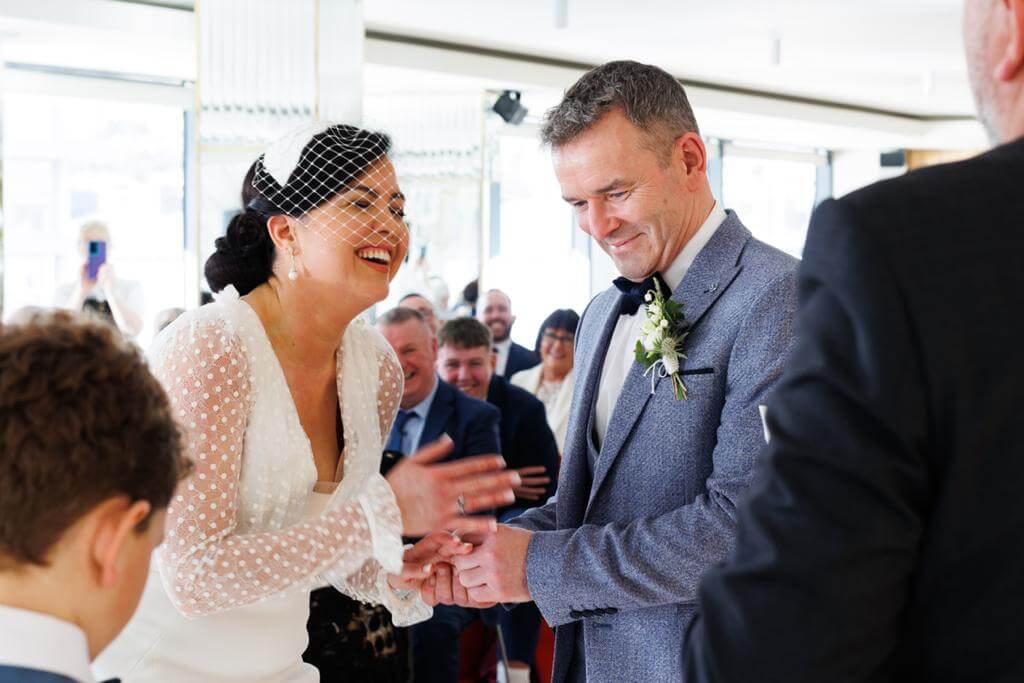 Karen & Marc laughing happy couple at wedding Cork