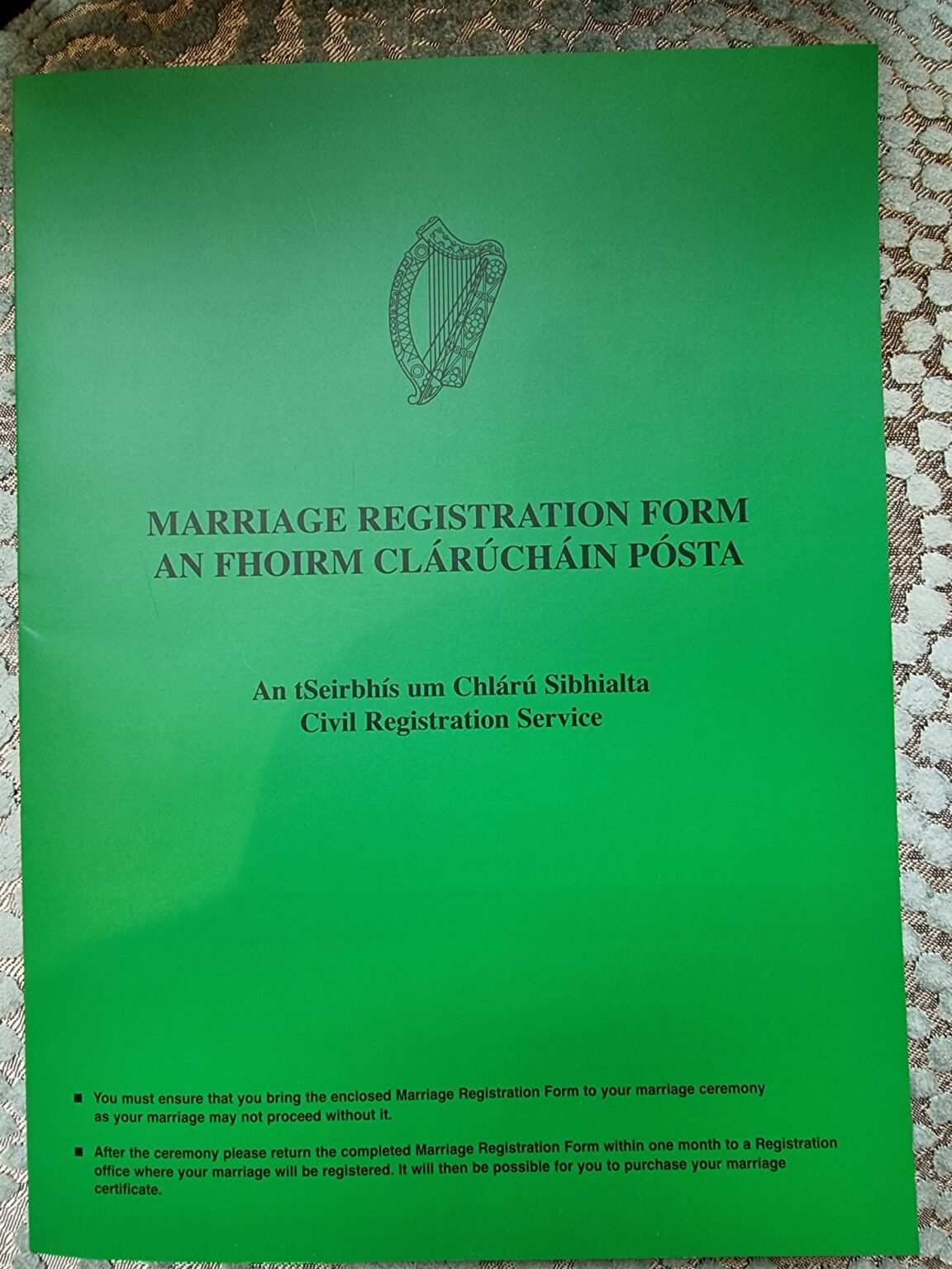 Irish Marriage Registration Form MRF or Green Book with instructions in English and Irish from the Civil Registration Service.